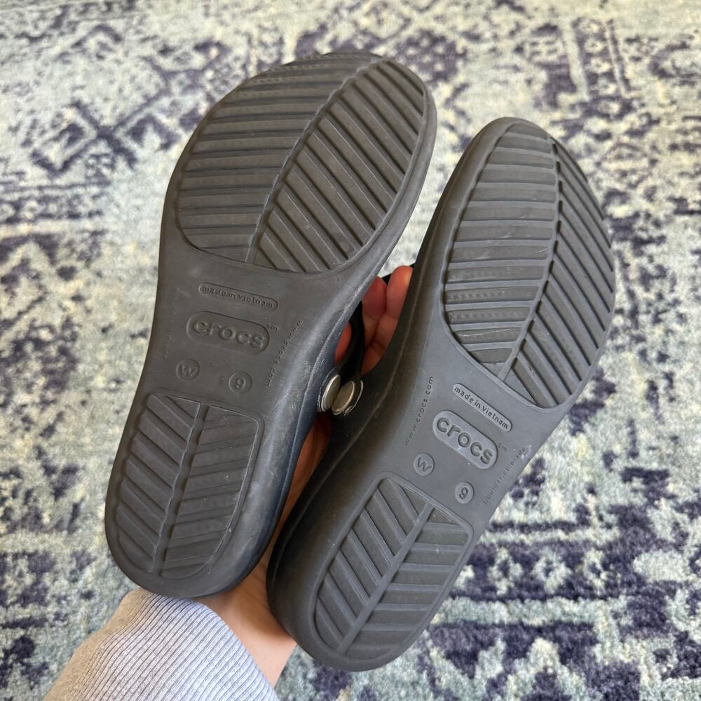 Black Women’s Crocs Light Wedge Rubber Thong Sandals with Silver Ring Detail - Picture 3 of 8